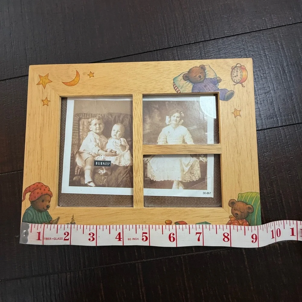 Vintage Fetco‎ 1995 Teddy Bear Wood Picture Frame Nursery Decor Train Stars 7x9